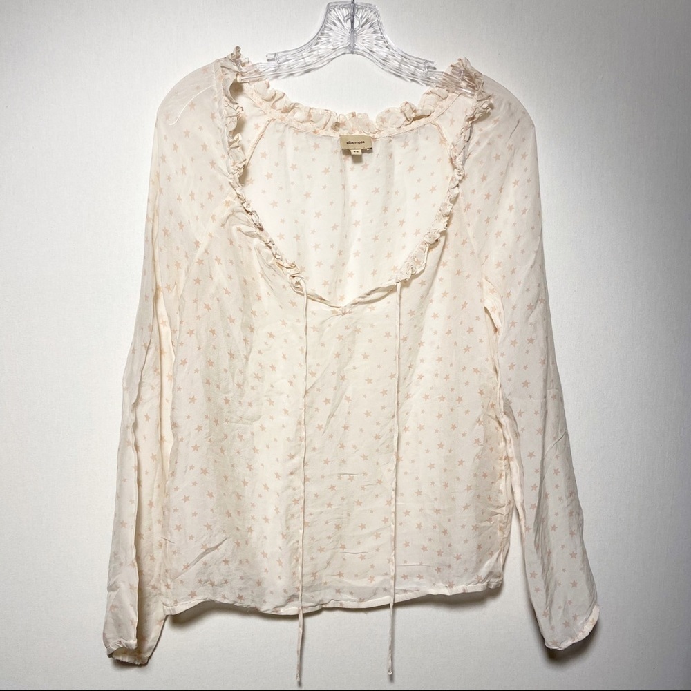 Ella Moss Womens 100% Silk Long Sleeve Blouse XS‎ Stars Ruffle Neck Sheer